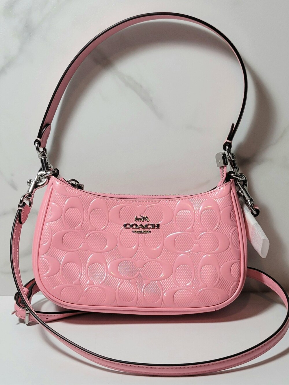 Coach Teri Mini Crossbody Bag Signature Patent Leather Pearlized Pink NWT